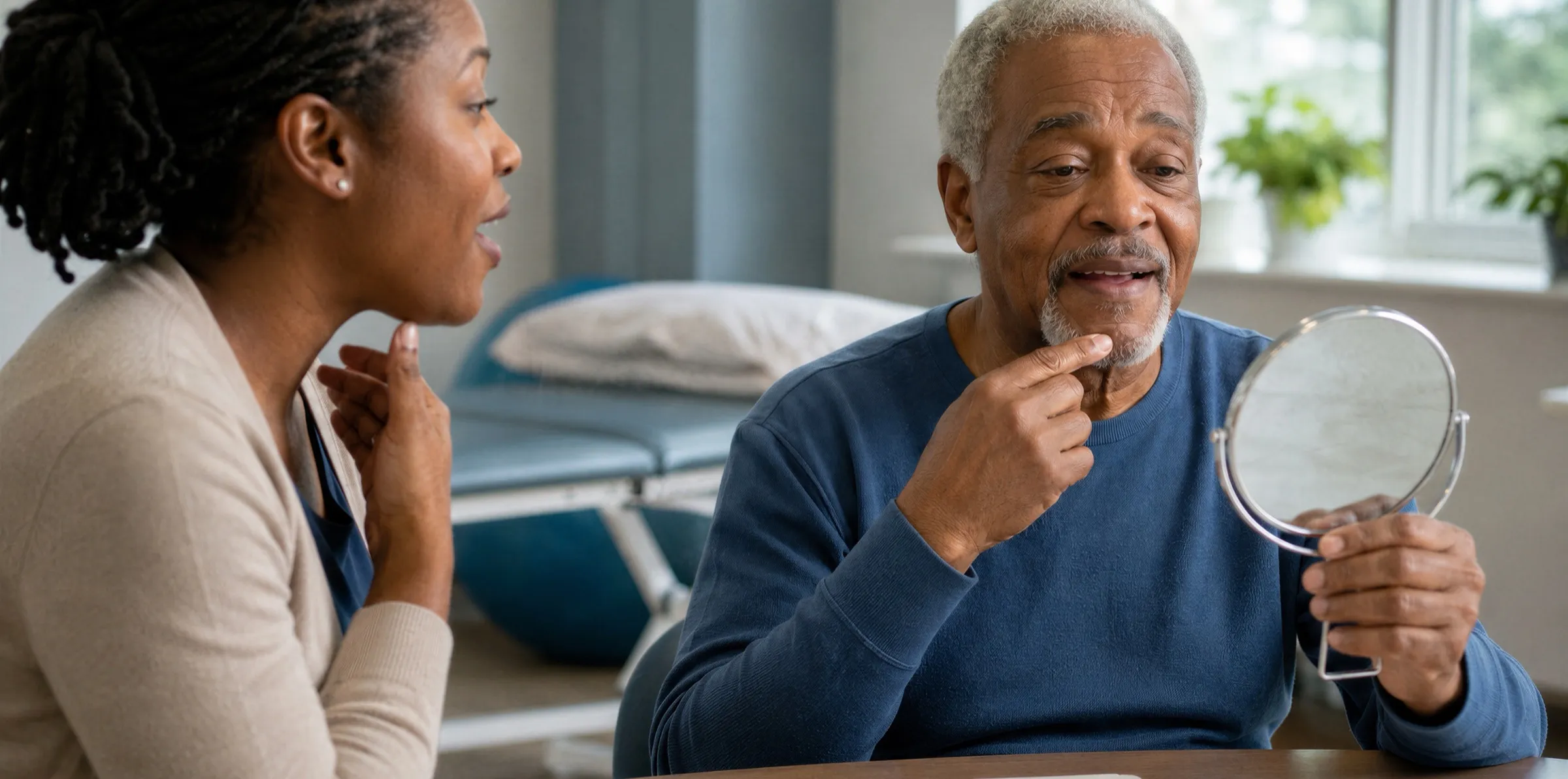 A speech-language pathologist working with an older adult who watches his mouth in a hand mirror